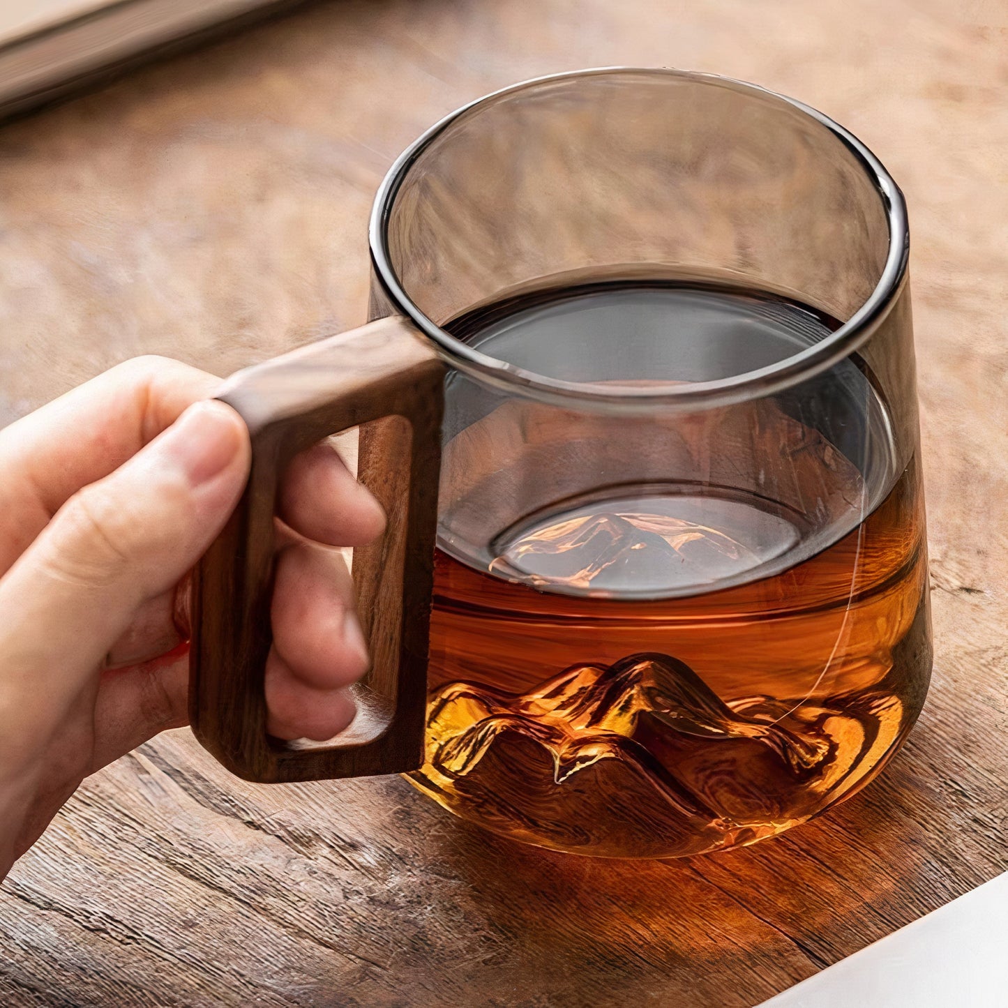 Tasses café zen - Verre fumé avec montagne cachée & anse bois